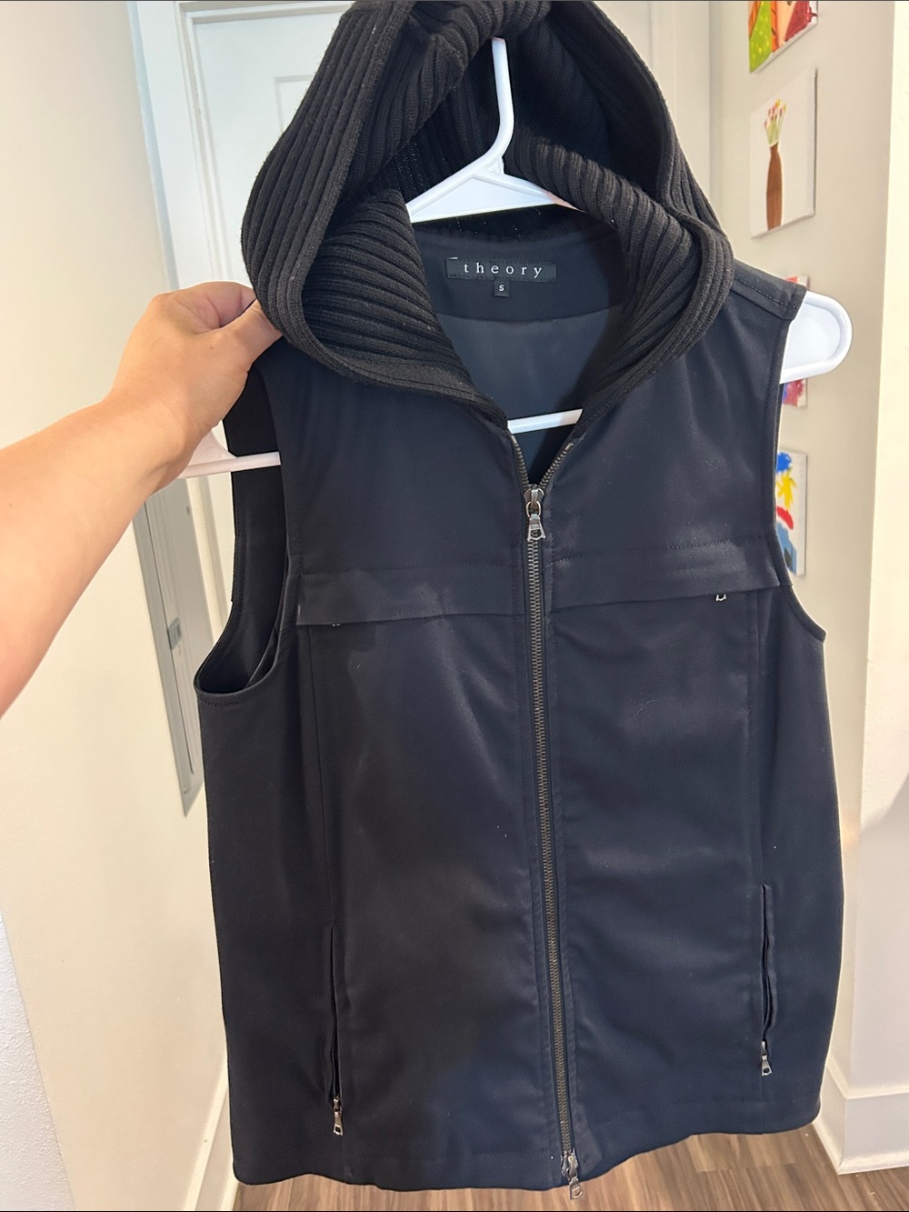 Theory Black Hooded Zip-Front Vest